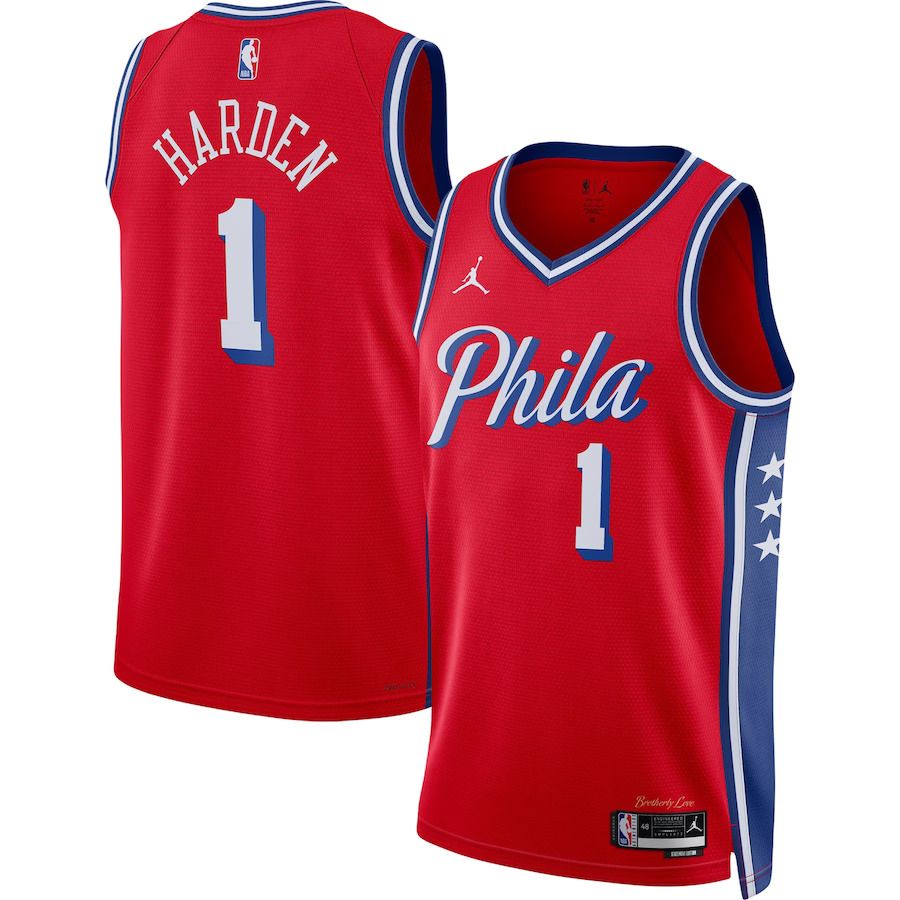 Men Philadelphia 76ers 1 James Harden Jordan Brand Red 2022-23 Statement Edition Swingman NBA Jersey